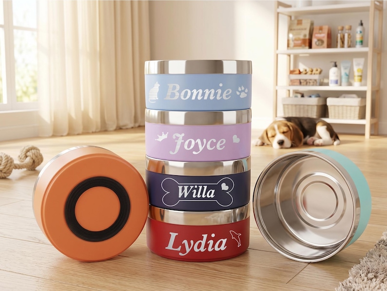 Pu&ograve; includere: Una pila di quattro ciotole cilindriche in acciaio inossidabile nei colori azzurro, lavanda, blu scuro e rosso, personalizzate con i nomi Bonnie, Joyce, Willa e Lydia. Una ciotola arancione con base nera e una verde acqua sono accanto.