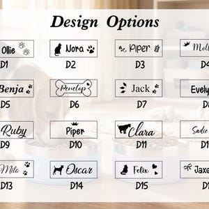 Pu&ograve; includere: Un grafico rettangolare intitolato Design Options che mostra sedici etichette con nomi distinte, etichettate da D1 a D16. Ogni etichetta presenta una combinazione unica di nomi in nero e icone decorative come impronte, animali, ossa, cuori e piante.