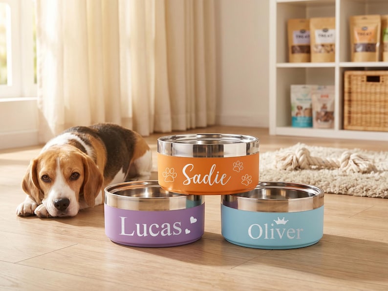 Pu&ograve; includere: Tre ciotole rotonde in acciaio inossidabile per animali domestici con rivestimenti esterni colorati. La ciotola arancione &egrave; personalizzata con il nome Sadie e impronte di zampe. La ciotola viola presenta il nome Lucas e un cuore. La ciotola azzurra mostra il nome Oliver e una corona.
