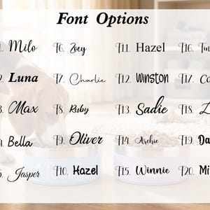 Pu&ograve; includere: Una tabella di selezione dei caratteri intitolata Font Options che mostra venti distinti stili tipografici neri etichettati da F1 a F20. Ogni etichetta presenta un nome comune per animali domestici come Milo, Luna, Max, Bella, Jasper, Zoey, Charlie, Ruby, Oliver, Hazel, Winston, Sadie, Archie, Winnie, Finn, Cooper, Daisy e Millie.