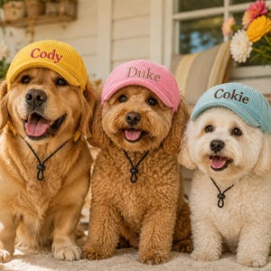 Puede incluir: Tres gorras de pana para mascotas en amarillo, rosa y azul claro, cada una con una correa de barbilla negra ajustable y nombres bordados. La gorra amarilla dice Cody, la rosa dice Duke y la azul claro dice Cokie en hilo oscuro.