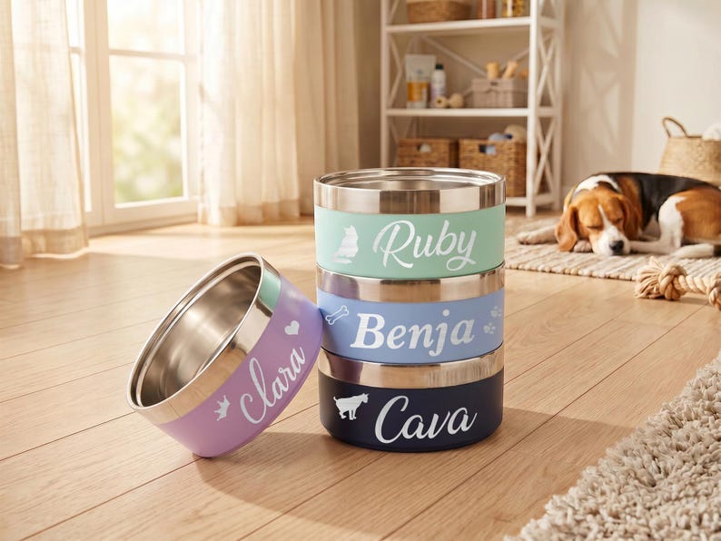 Pu&ograve; includere: Un set di quattro ciotole per animali in acciaio inossidabile con esterni colorati. Le ciotole sono personalizzate con il testo bianco Clara, Ruby, Benja e Cava, accompagnato da piccole icone di corona, cuore, gatto, osso, zampa e cane.