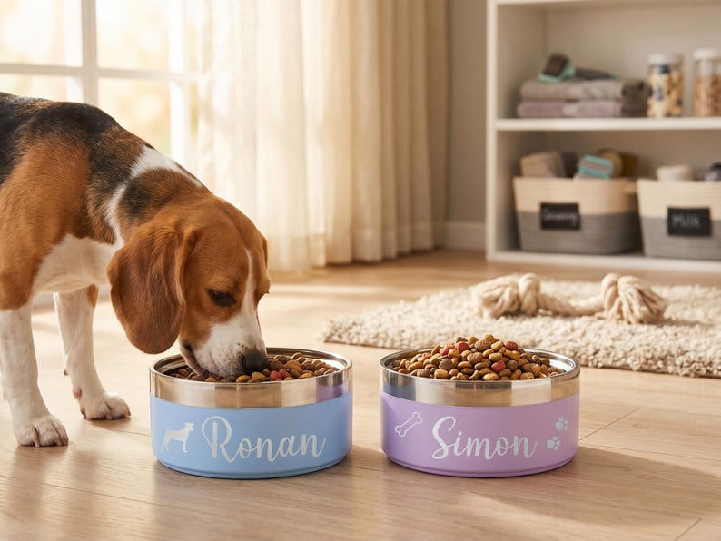 Pu&ograve; includere: Due ciotole rotonde per animali in acciaio inossidabile con esterno colorato. La ciotola azzurra riporta il nome Ronan e la sagoma di un cane. La ciotola viola chiaro riporta il nome Simon, l'icona di un osso e impronte di zampe.