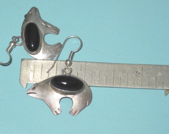 Vintage Southwest Sterling Silver ONYX BEAR Wire Dangle Earrings