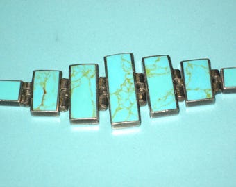 Vintage 950 Sterling Silver TURQUOISE Panel Hinged Link Bracelet