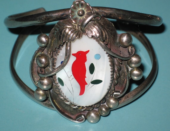 Old ZUNI Signed Sterling Silver Coral  & MOP Inla… - image 1