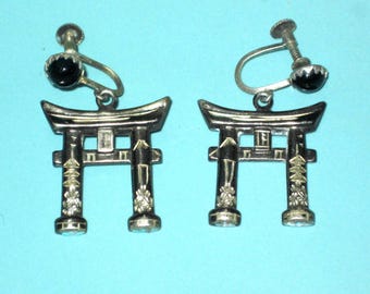 Vintage Japanese Sterling Silver Screwback TORRI Gate Earrings