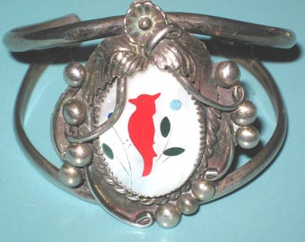 Old ZUNI Signed Sterling Silver Coral  & MOP Inlay CARDINAL Bird Cuff Bracelet