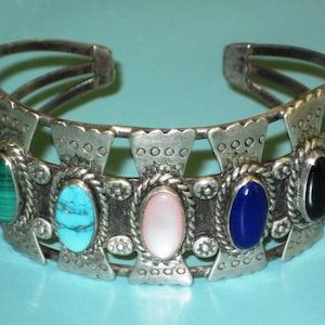 Navajo Signed Sterling Silver MULTI STONE Cuff Bracelet 35.2 g
