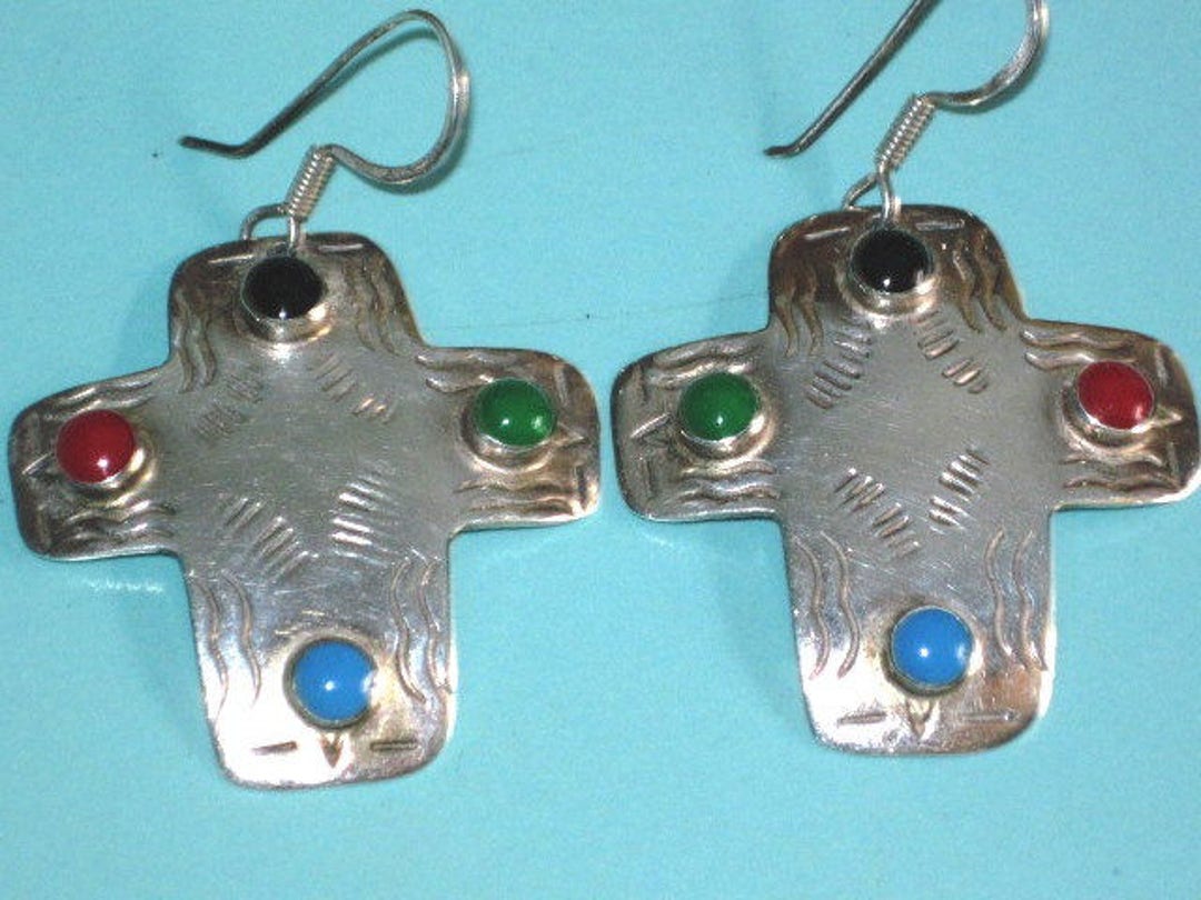 Vintage Taxco Mexico Sterling Silver Multi Stone CROSS 2 1/8 Drop ...
