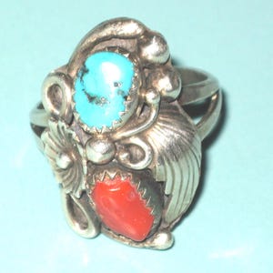 Navajo Signed Sterling Silver Turquoise Coral Squash Blossom RING