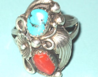 Navajo Signed Sterling Silver Turquoise Coral Squash Blossom RING