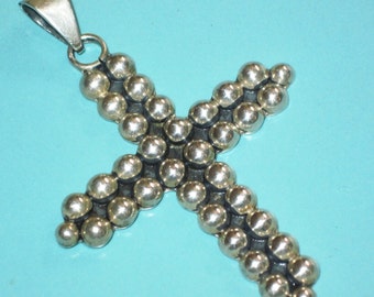 Vintage Sterling Silver Signed HOB  2 5/8" Ball BEAD CROSS Pendant  Mexican