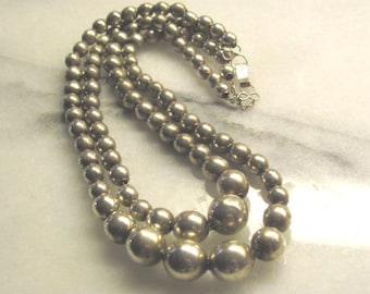 Vintage Sterling 1950s Ball Bead Double Graduated Strand Necklace