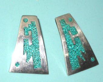 Vintage Mexico Sterling Silver Crushed Turquoise Thick Post Earrings 11/4"