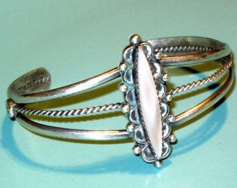 Navajo Signed Sterling Silver PINK Mother of Pearl CUFF Bracelet