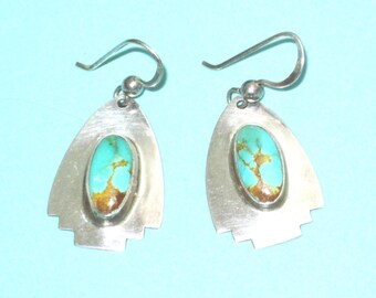 Navajo EMT Signed Sterling Silver Turquoise Wire EARRINGS 1 5/8"