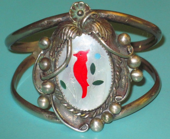 Old ZUNI Signed Sterling Silver Coral  & MOP Inla… - image 7