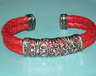 Vintage Signed 925 Sterling Silver Red Leather Braided Cuff Bracelet (NOS)