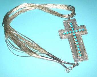 Zuni Signed Sterling Silver Turquoise Pendant CROSS Liquid Silver 20 Strand Necklace