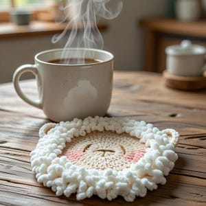 May include: A white ceramic mug with a brown rim sits on a wooden table next to a handmade, round, white and pink sheep-shaped coaster. Steam rises from the mug, suggesting a hot beverage.