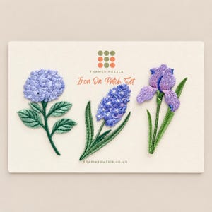 Hyacinth, Iris & Hydrangea Iron On Patches, Set of 3 Purple Blue Embroidered Flowers Iron On Patch, Nature Garden Patch