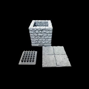 May include: A gray, stone-textured miniature dungeon set, including a square well, a spiked floor tile, and four stone floor tiles. The pieces are designed for tabletop gaming and are made of a durable material.