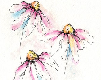 Coneflower Art Print, Floral Print, Watercolor Flowers, Pastel Flower Print, Daisies