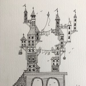 Art Print of Whimsical Towertown in Pen and Ink