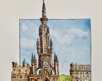 Art Print Edinburgh, Sir Walter Scott Monument, Watercolor Art Print