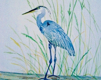 Blue Heron Watercolor Art Print: Coastal Bird Illustration