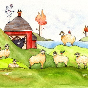 Nursery Decor, Whimsical Barnyard Scene, Sheep Watercolor Print, Kids Room Art Print, Art for Nursery