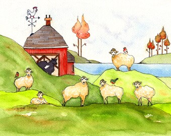 Decor van de kinderkamer, grillige boerenerfscène, schapen aquarelprint, kinderkamer Art Print, kunst voor kinderdagverblijf