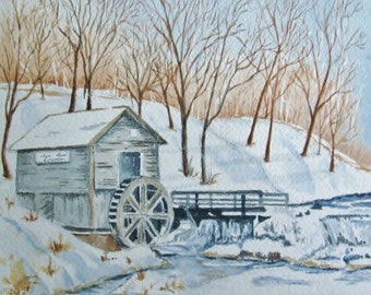 Original Watercolor print of Hyde Mill in the midwest US.