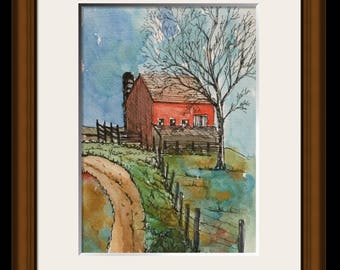 Barn Art Print, Boerderij Decor Kunst en Collectibles, Art Print, Aquarel en Inkt print van Bright Barn met hek