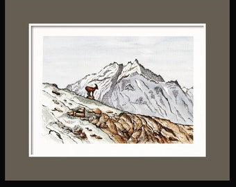 ON SALE!! Goat on Mountain Watercolor Painting, Original Ink and Wash Painting, Mountain Goat Painting, Watercolor Landscape of Mountains