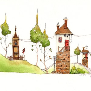 Grillige stadsgezicht aquarel print, leuke kunstprint, schattig kunstlandschap, huizen en puntige bomen print afbeelding 1