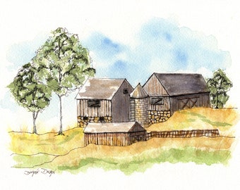 Art Print of Watercolor Painting, Many Sizes Art, Watercolor Landscape Print, Old Barns Print, Quaint, Peaceful Art Print, Country Scene