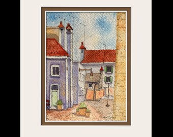 May include: Watercolor painting of a narrow alleyway in a European city. The buildings are painted in shades of blue and red with terracotta tile roofs. There are clothes hanging on a line in the alleyway.