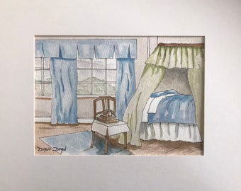 Aquarel Print van slaapkamer, Interieur Kamer Lijn en Wassen, Zweedse Interieur Aquarel Print