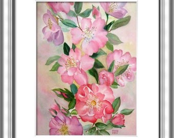 Watercolor Print, Wild Roses Art Print in Pinks