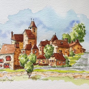 Art Print of Watercolor Landscape, French Village Art, Seniergues, Stone Houses Print, Cityscape Art Print