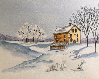 Watercolor Landscape Print, Watercolor Snow Scene, Snow Art Print, Old School Art Print