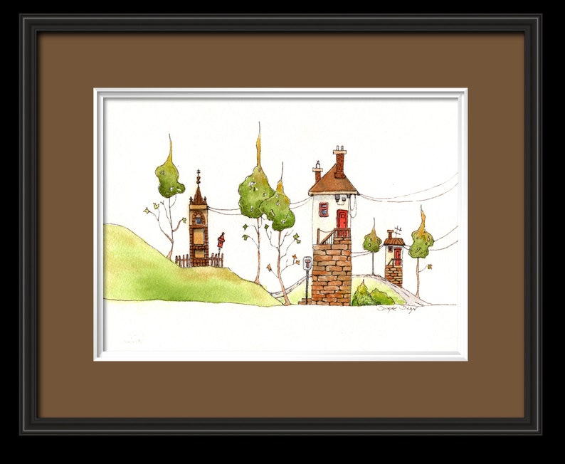 Grillige stadsgezicht aquarel print, leuke kunstprint, schattig kunstlandschap, huizen en puntige bomen print afbeelding 5