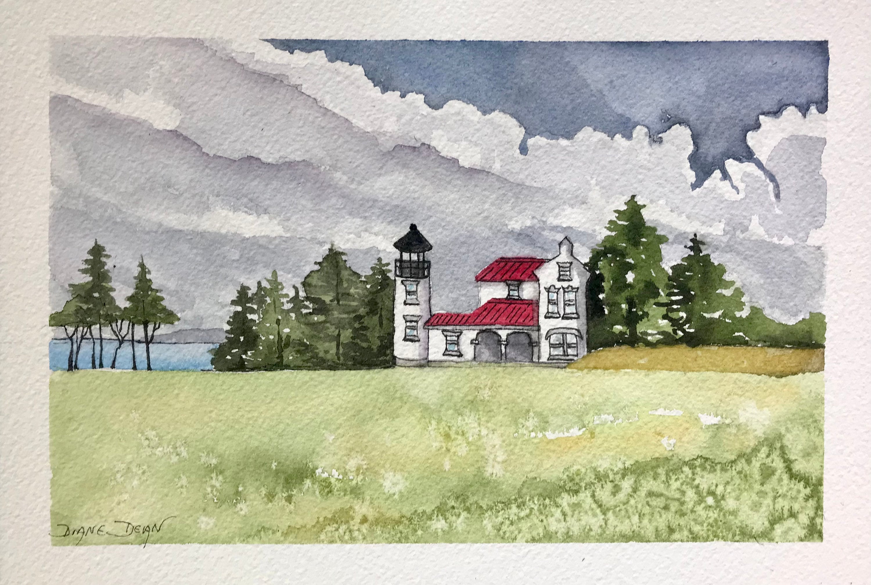 Whidbey Island Lighthouse Print, Art Print, Watercolor Landscape of Washington State