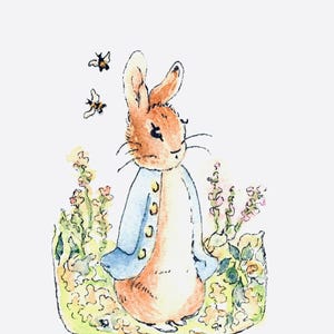 May include: A watercolor painting of a brown rabbit wearing a blue jacket with yellow buttons. The rabbit is standing in a field of green and yellow flowers with two bees flying above. The painting is signed "Diane Dear" in the bottom right corner.