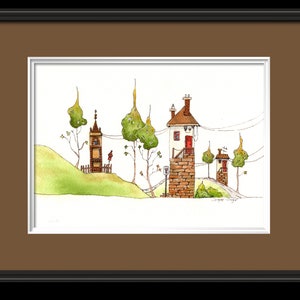 Grillige stadsgezicht aquarel print, leuke kunstprint, schattig kunstlandschap, huizen en puntige bomen print afbeelding 4