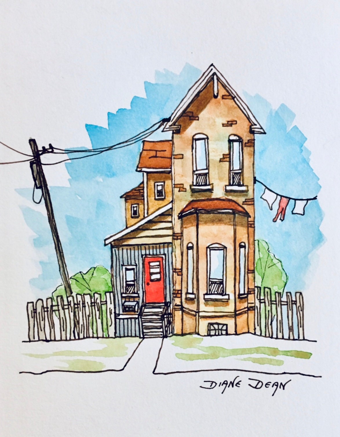 Watercolor Art Print House, Watercolor Cityscape, Urban Sketch