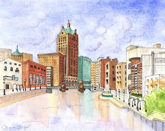 Original Ink and Watercolor Painting of Milwaukee Wisconsin Riverwalk in the Third Ward, Painting of Downtown Milwaukee