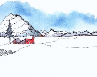 Panorama Snow Scene Print, Horizontal Art Print, Red House on Snow, Pen and Watercolor Snow Print